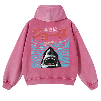 Ukiyoe Jaws Shark Vintage Washed Cotton Back Art Hoodie