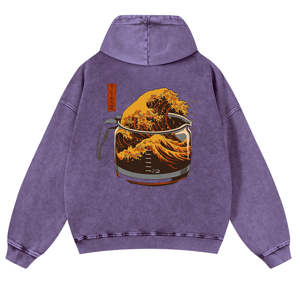 Coffee Wave Ukiyoe Vintage Washed Cotton Back Art Hoodie