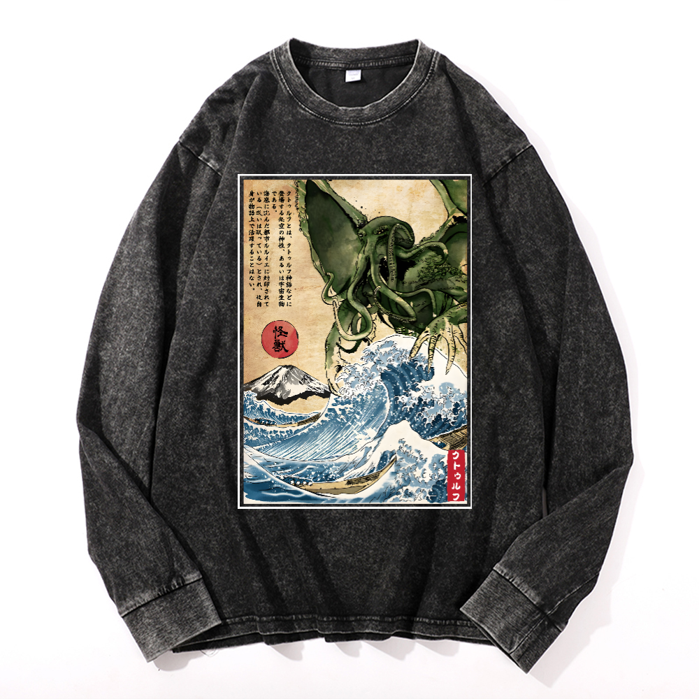 Octopus Ukiyoe Wave Vintage Cotton Wash Crewneck Sweatshirt