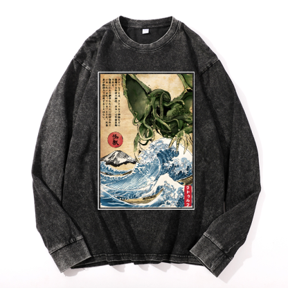 Octopus Ukiyoe Wave Vintage Cotton Wash Crewneck Sweatshirt