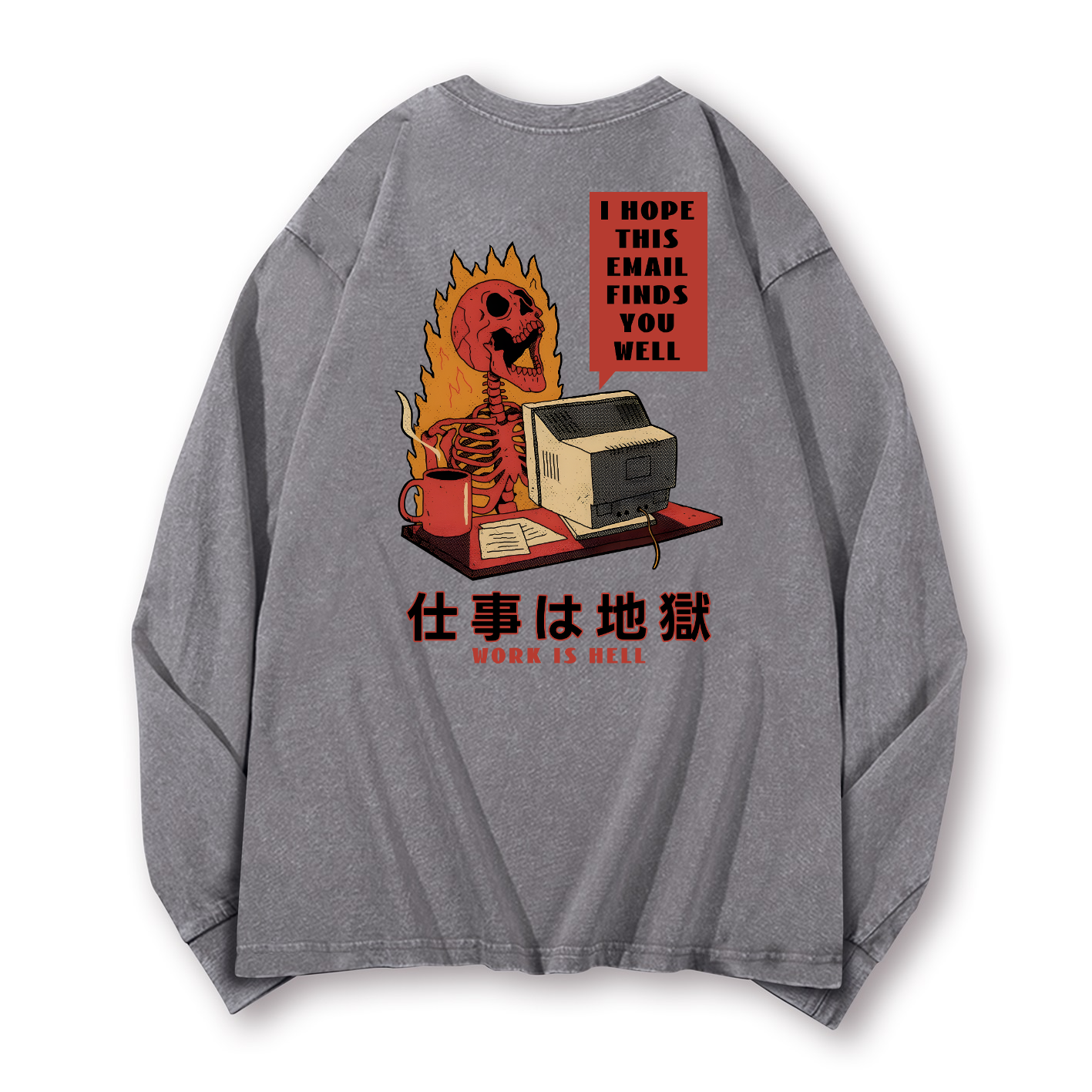 Skull Work Is Hell Vintage Washed Cotton Back Art Long-sleeve T-shirt