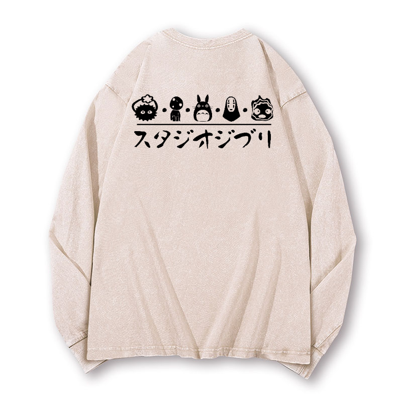 Ghibli Totoro No Face Kaonashi Vintage Washed Cotton Back Art Long-sleeve T-shirt