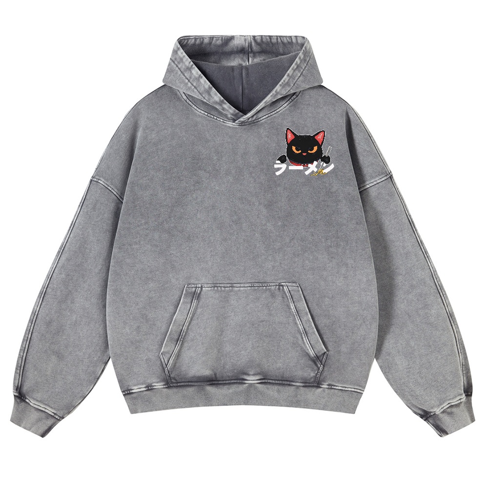 Ramen Black Cat Vintage Washed Cotton Back Art Hoodie