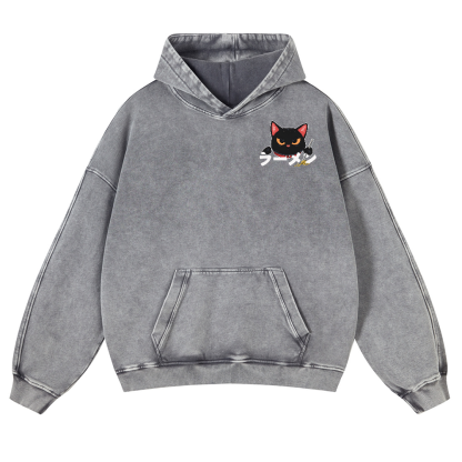 Ramen Black Cat Vintage Washed Cotton Back Art Hoodie