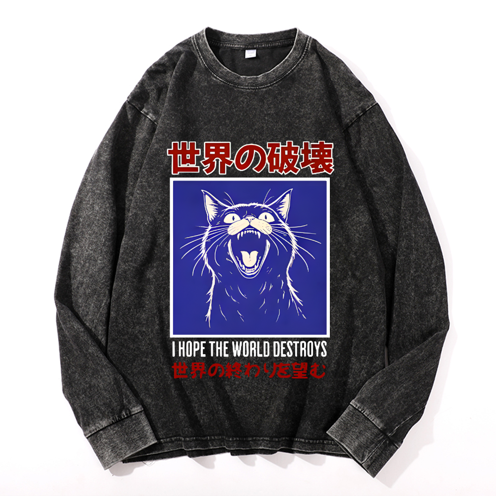 Cat Vintage Cotton Wash Crewneck Sweatshirt