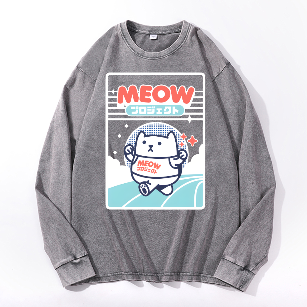Meow Cat Vintage Cotton Wash Crewneck Sweatshirt