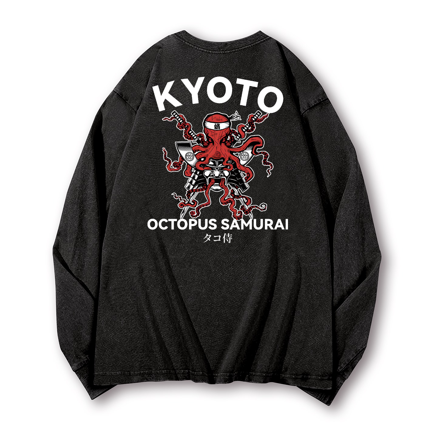Kyoto Octopus Samurai Vintage Washed Cotton Back Art Long-sleeve T-shirt