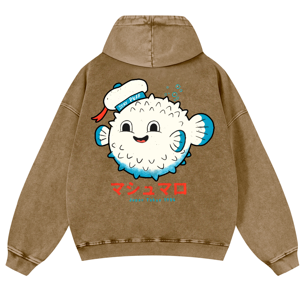 Puffer Fish Vintage Washed Cotton Back Art Hoodie