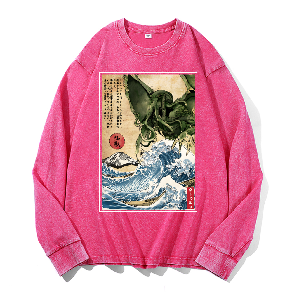 Octopus Ukiyoe Wave Vintage Cotton Wash Crewneck Sweatshirt