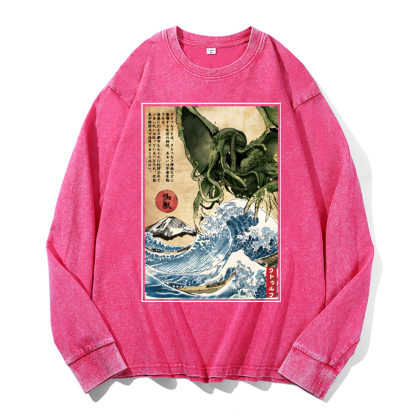 Octopus Ukiyoe Wave Vintage Cotton Wash Crewneck Sweatshirt
