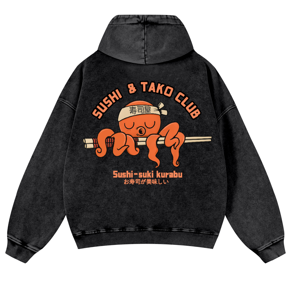 Sushi and Tako Octopus Vintage Washed Cotton Back Art Hoodie