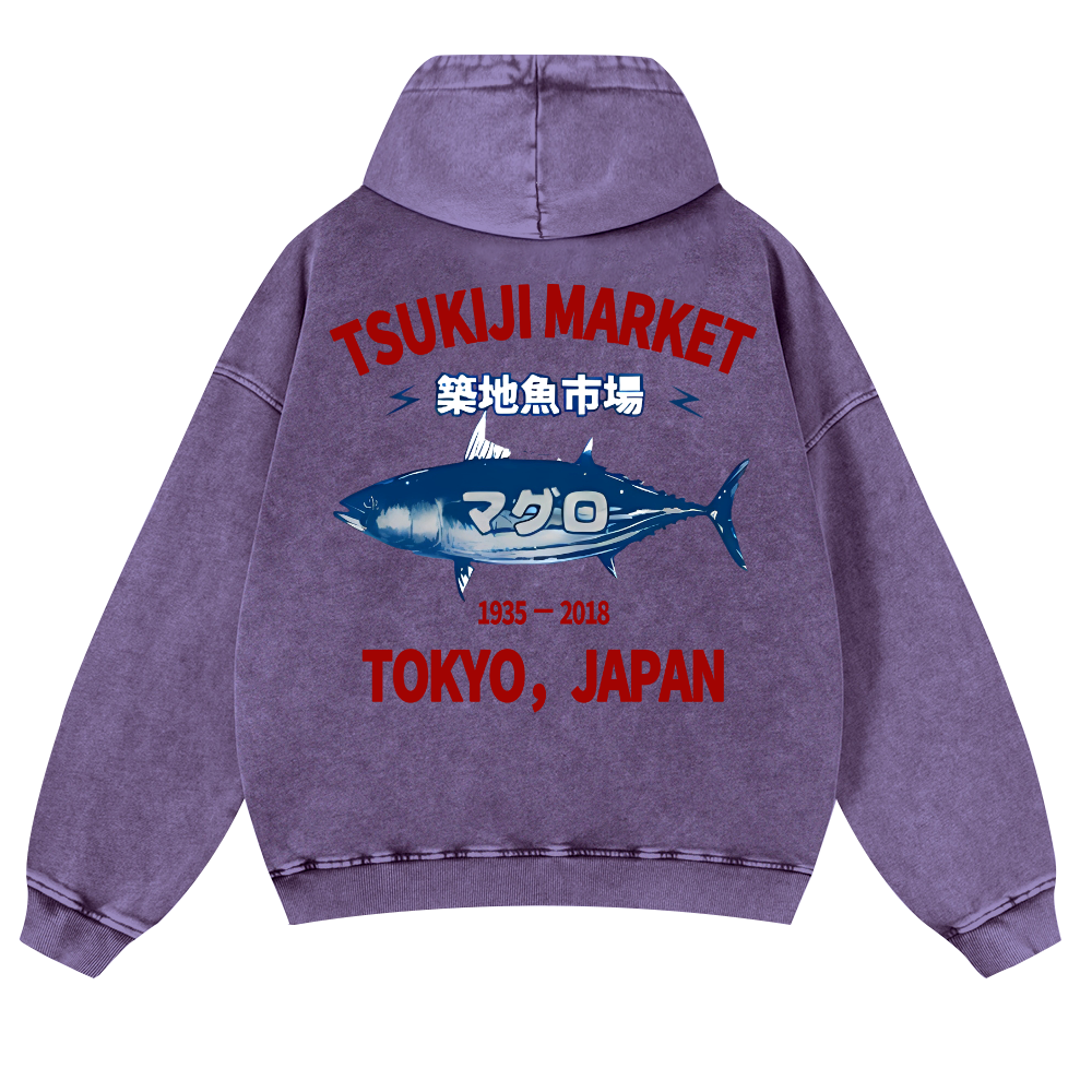 Tsukiji Market Tuna Fish Tokyo Japan Vintage Washed Cotton Back Art Hoodie