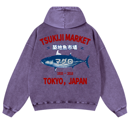 Tsukiji Market Tuna Fish Tokyo Japan Vintage Washed Cotton Back Art Hoodie