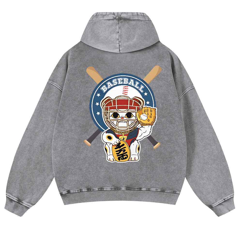 Baseball Cat Vintage Washed Cotton Back Art Hoodie
