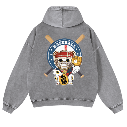 Baseball Cat Vintage Washed Cotton Back Art Hoodie