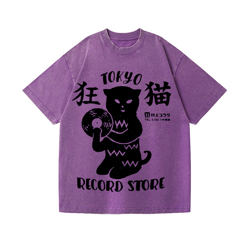 Tokyo Cat Record Store Vintage Wash Japanese Design T-Shirt