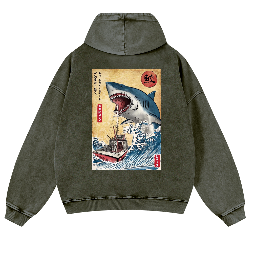 Shark Ukiyoe Vintage Washed Cotton Back Art Hoodie