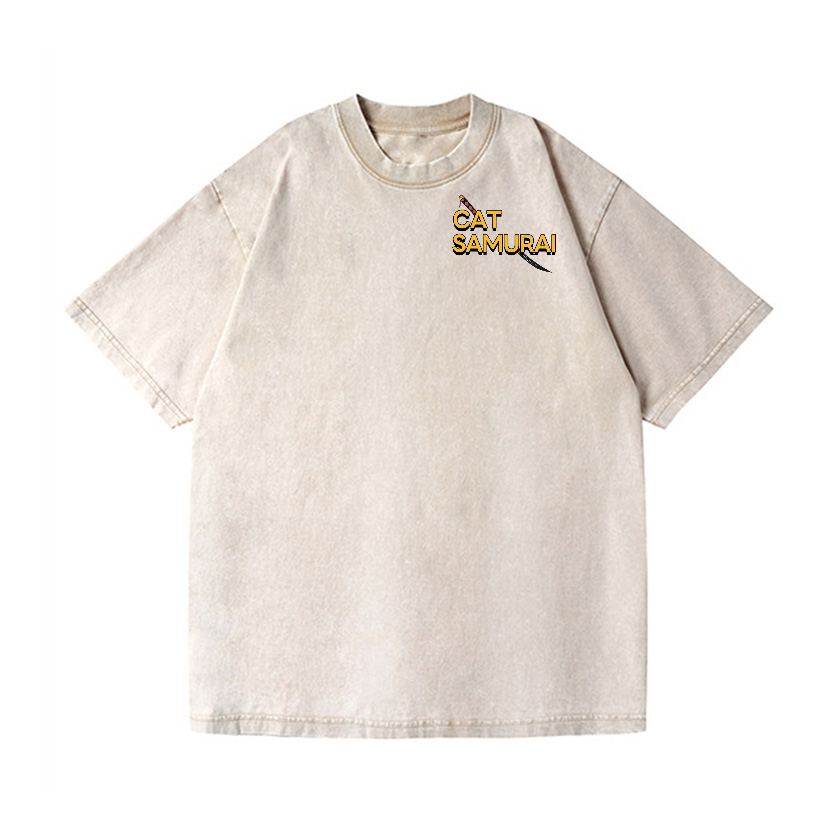 Cat Samurai Vintage Wash Japanese Design Back Art T-Shirt