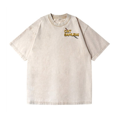 Cat Samurai Vintage Wash Japanese Design Back Art T-Shirt