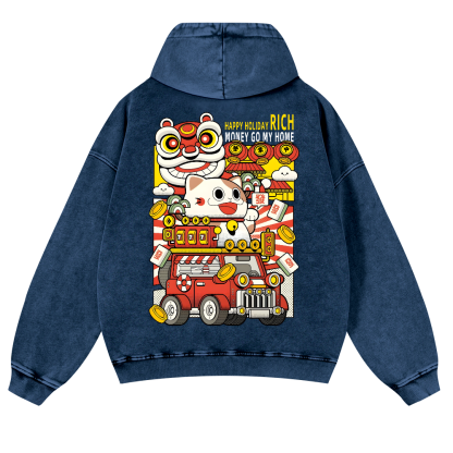 Cat Vintage Washed Cotton Back Art Hoodie