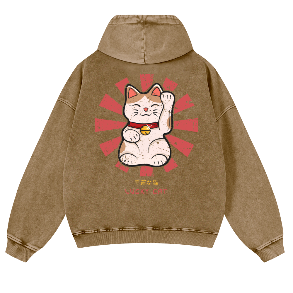 Lucky Cat Vintage Washed Cotton Back Art Hoodie