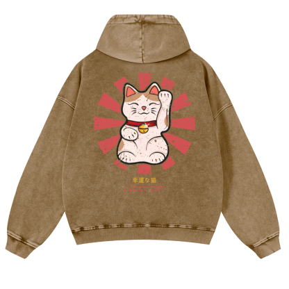 Lucky Cat Vintage Washed Cotton Back Art Hoodie