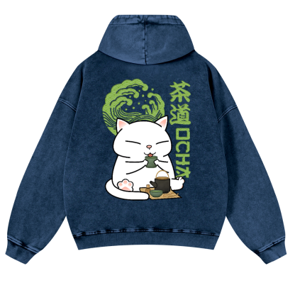 Cat Tea Vintage Washed Cotton Back Art Hoodie