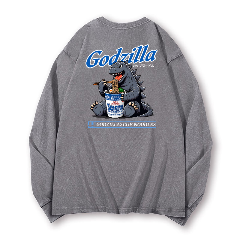 Cup Noodles Godzilla Vintage Washed Cotton Back Art Long-sleeve T-shirt