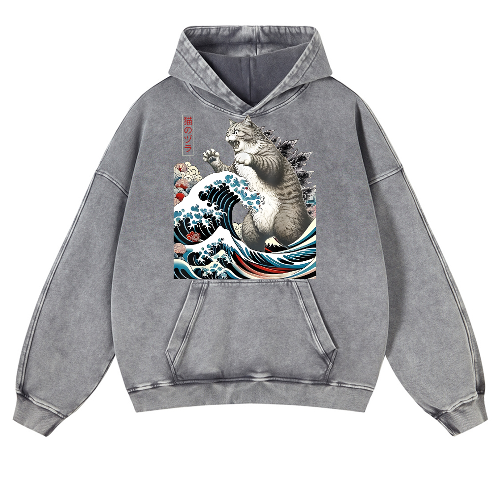 Cat Godzilla Ukiyoe Great Wave Vintage Washed Thick Cotton Hoodie