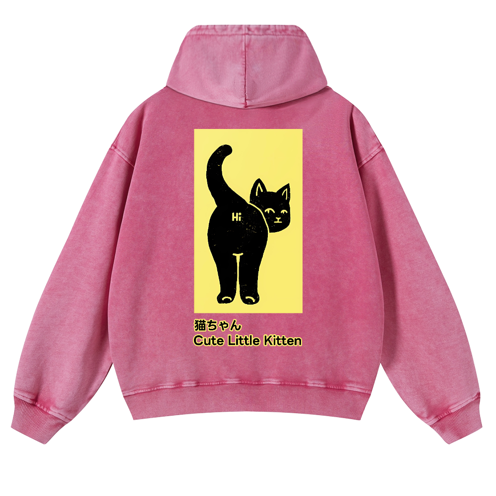 Cute Little Kitten Black Cat Vintage Washed Cotton Back Art Hoodie