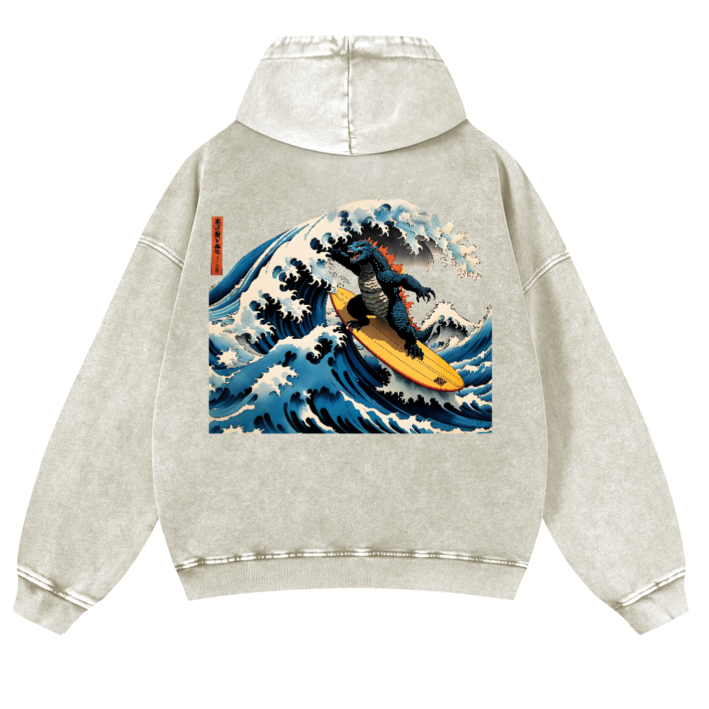 Godzilla Ukiyoe Wave Vintage Washed Cotton Back Art Hoodie