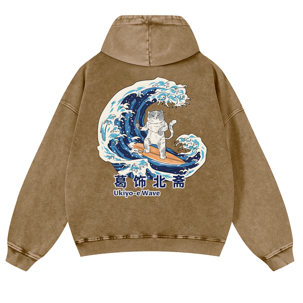 Ukiyoe Wave Cat Vintage Washed Cotton Back Art Hoodie