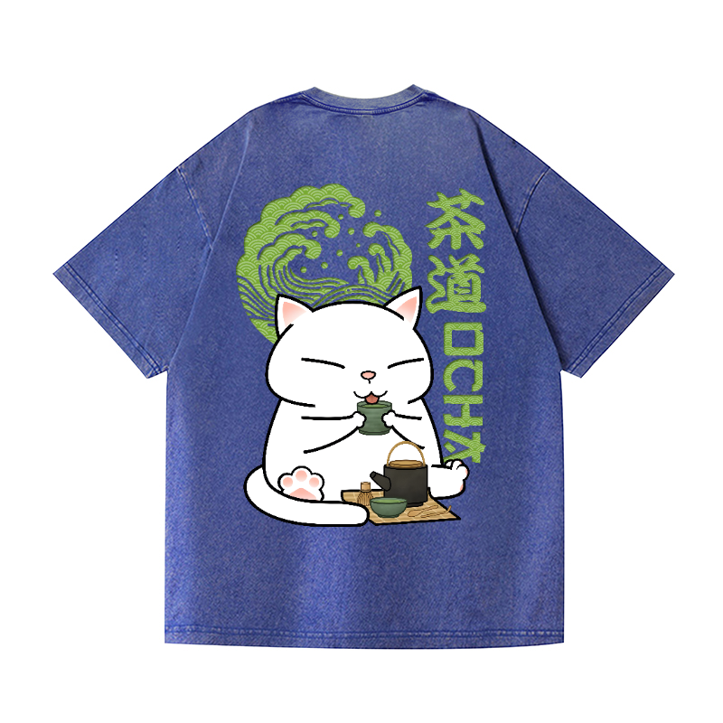 Tea Ceremony Cat Vintage Wash Japanese Design Back Art T-Shirt