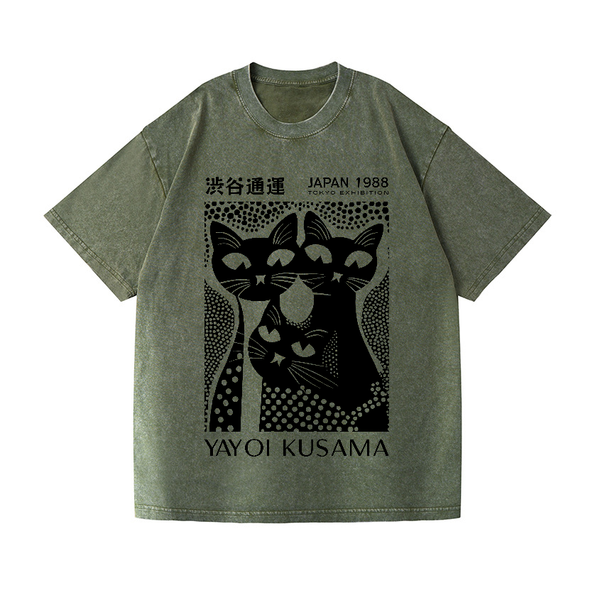 Yayoi Kusama Black Cat  Vintage Wash Japanese Design T-Shirt