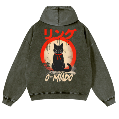 Black Cat Vintage Washed Cotton Back Art Hoodie