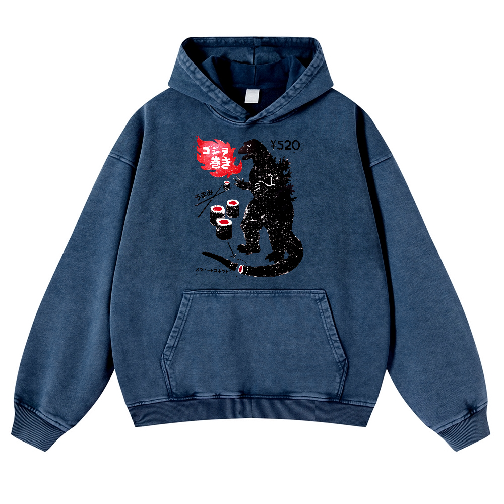 Sushi Godzilla Vintage Washed Thick Cotton Hoodie