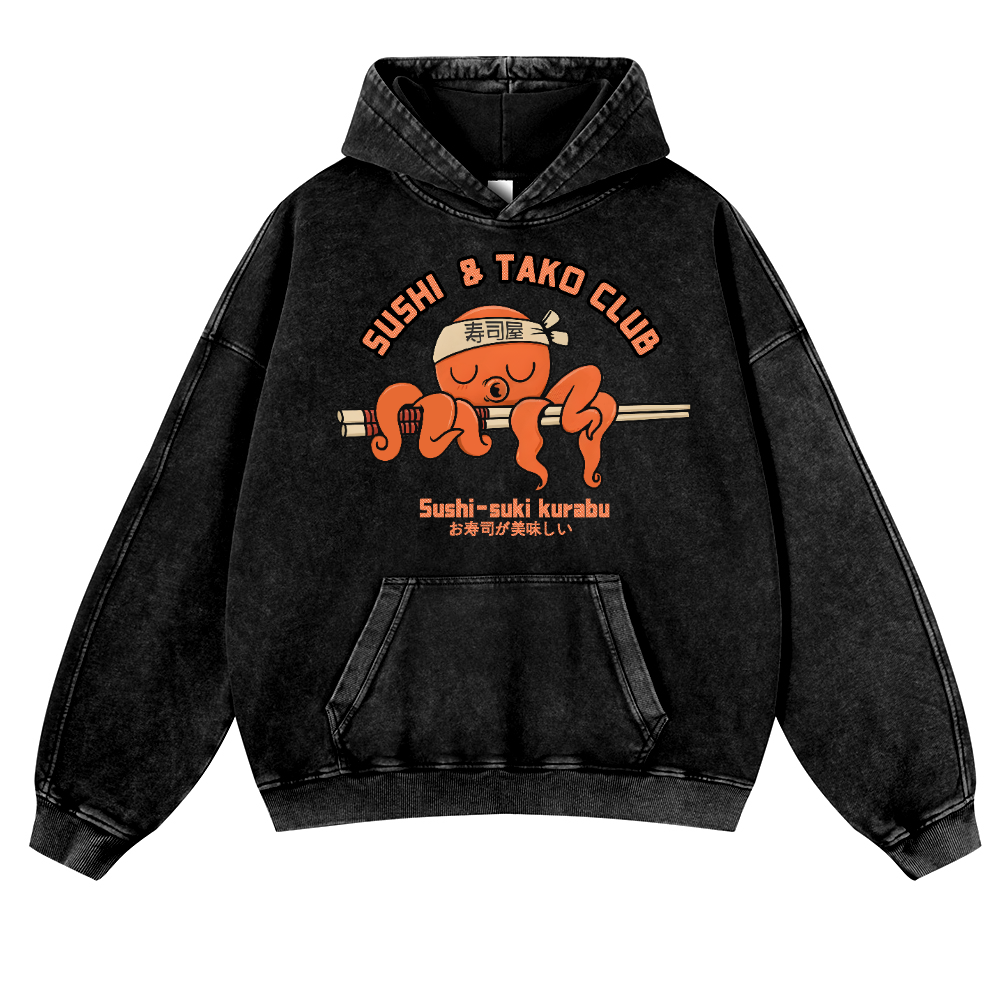 Sushi and Tako Octopus Vintage Washed Thick Cotton Hoodie