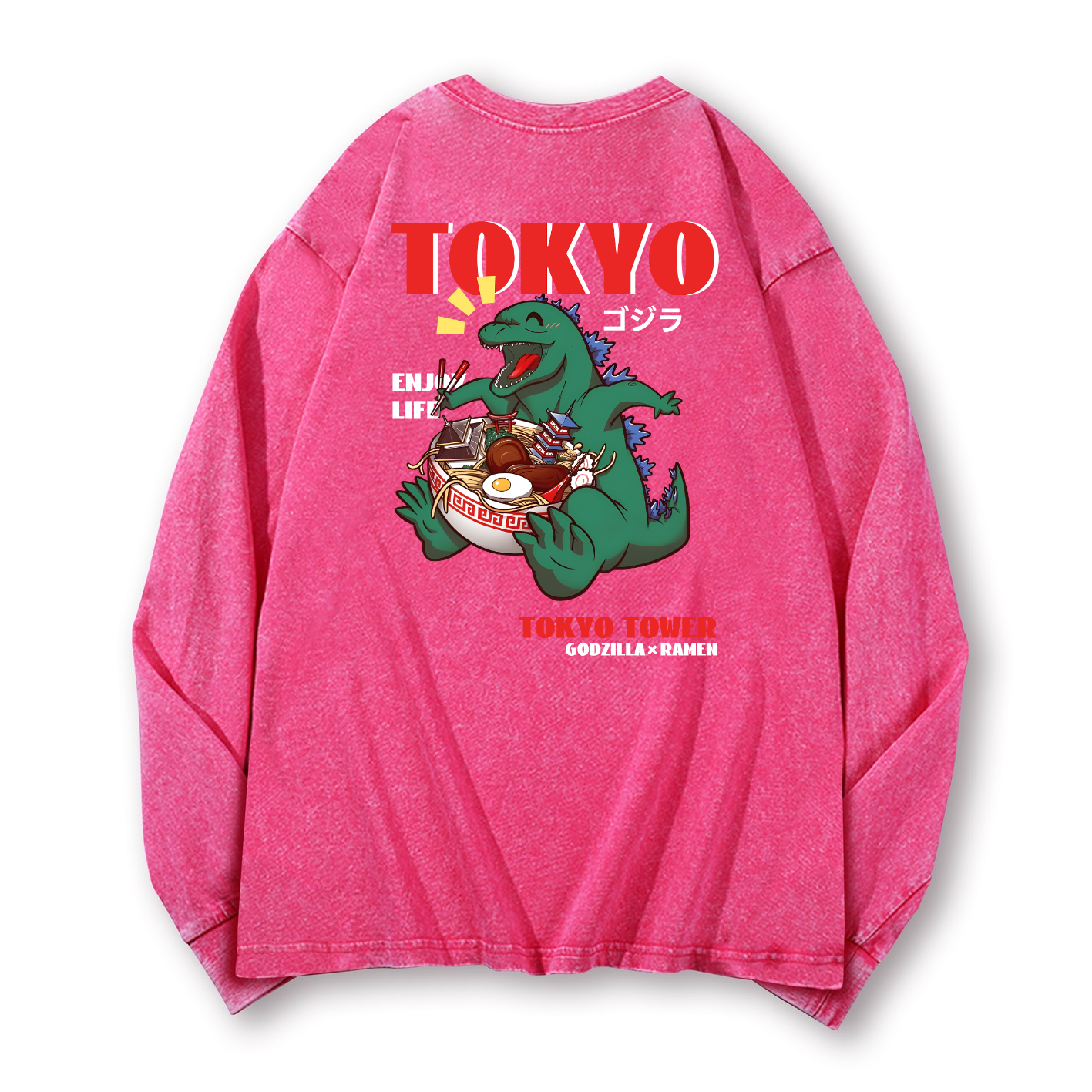 Ramen Godzilla Vintage Washed Cotton Back Art Long-sleeve T-shirt