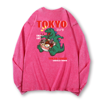 Ramen Godzilla Vintage Washed Cotton Back Art Long-sleeve T-shirt