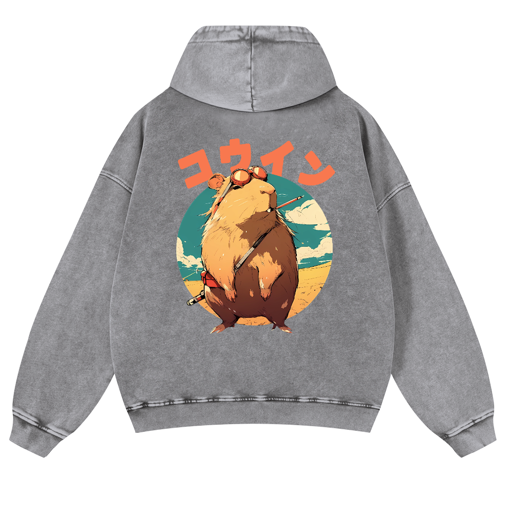 Capybara Vintage Washed Cotton Back Art Hoodie