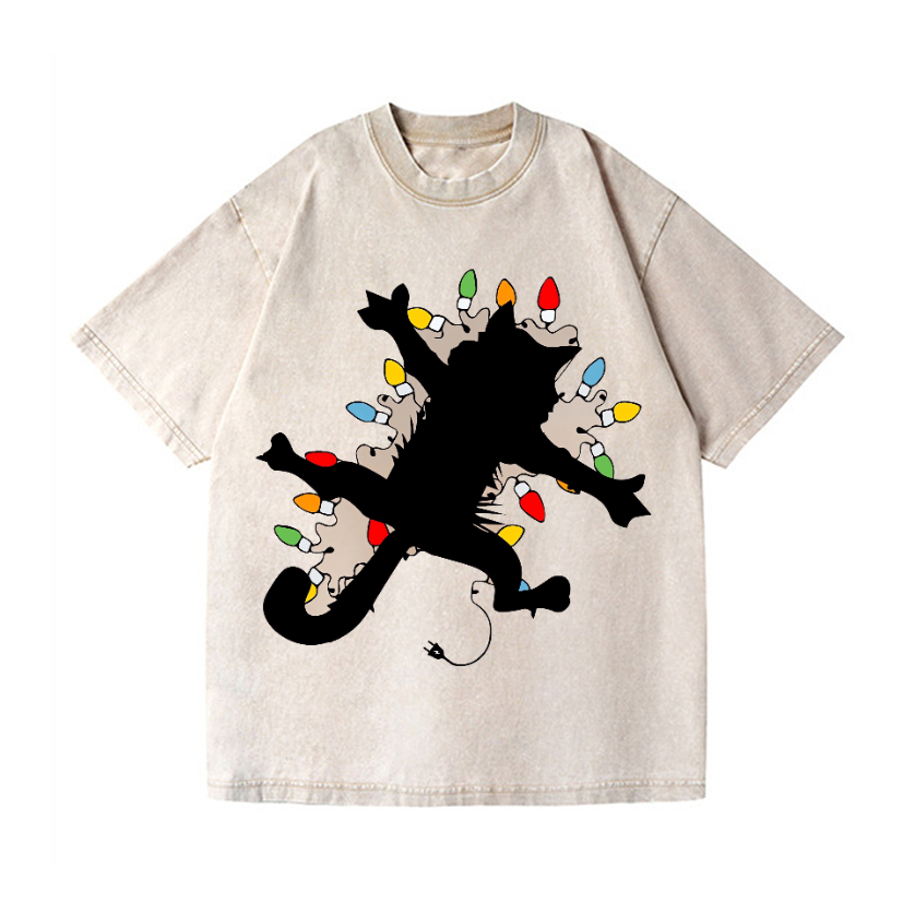 Cat Silhouette and Colorful Bulbs Vintage Wash Japanese Design T-Shirt
