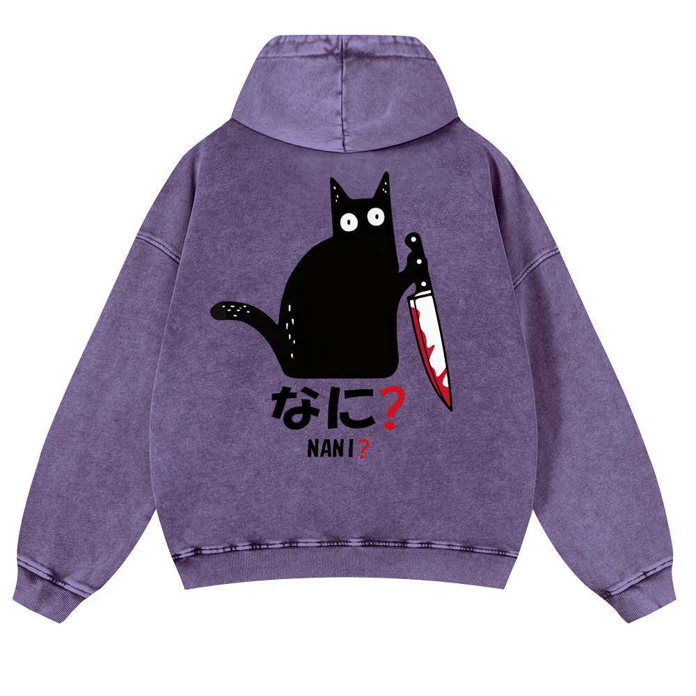 The Black Cat with a Knife Vintage Washed Cotton Back Art Hoodie