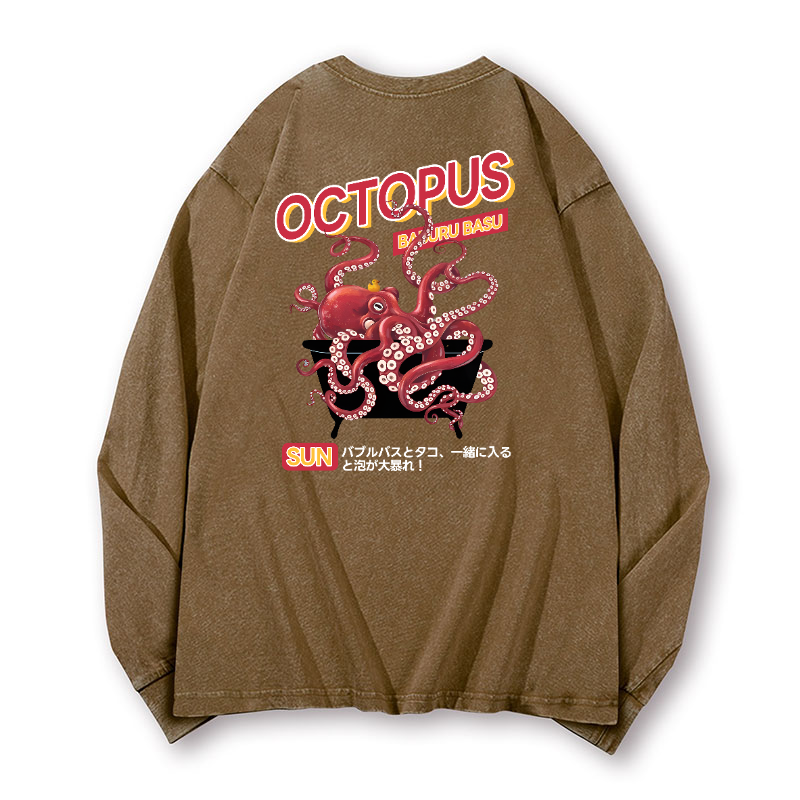 Bubble Bath Octopus Vintage Washed Cotton Back Art Long-sleeve T-shirt