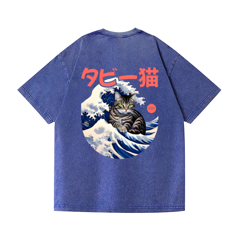 Cat Vintage Wash Japanese Design Back Art T-Shirt