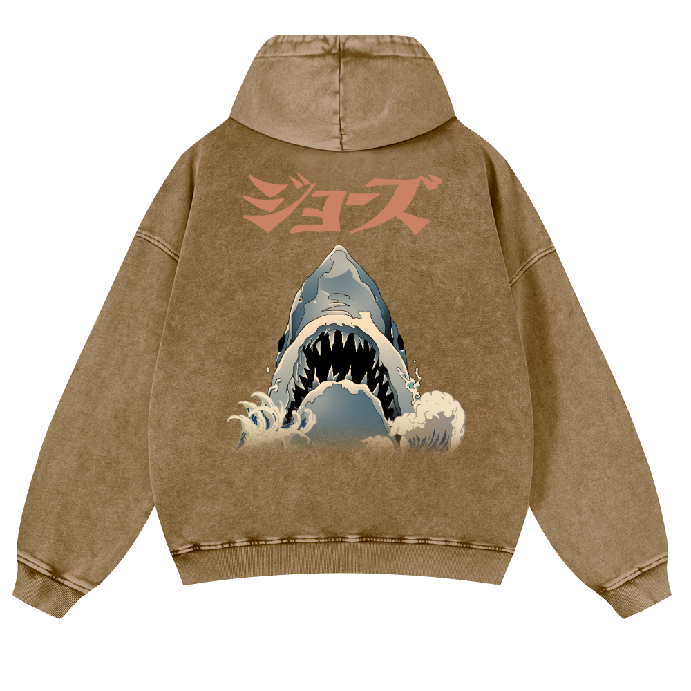 Shark Ukiyoe Vintage Washed Cotton Back Art Hoodie