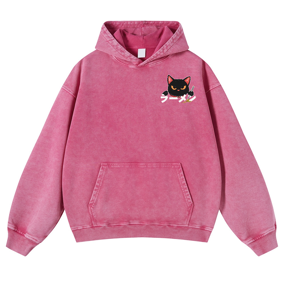 Ramen Black Cat Vintage Washed Cotton Back Art Hoodie