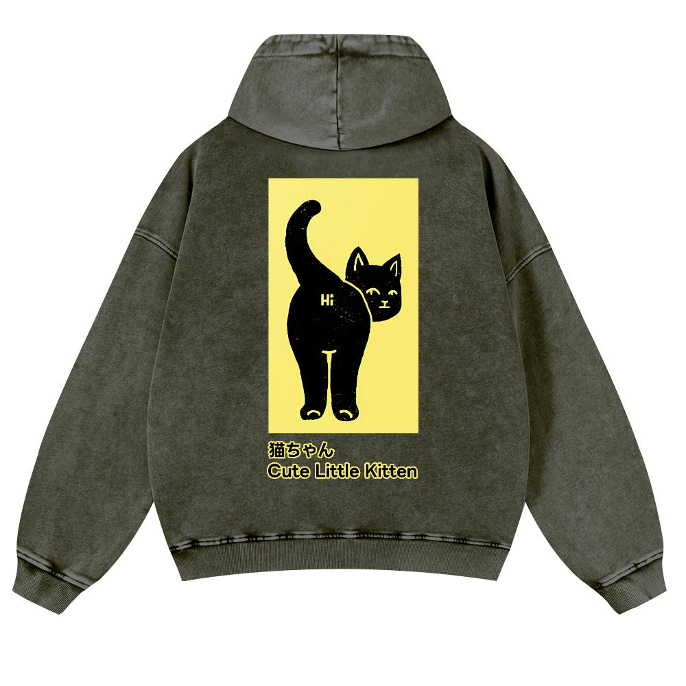 Cute Little Kitten Black Cat Vintage Washed Cotton Back Art Hoodie
