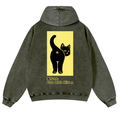 Cute Little Kitten Black Cat Vintage Washed Cotton Back Art Hoodie