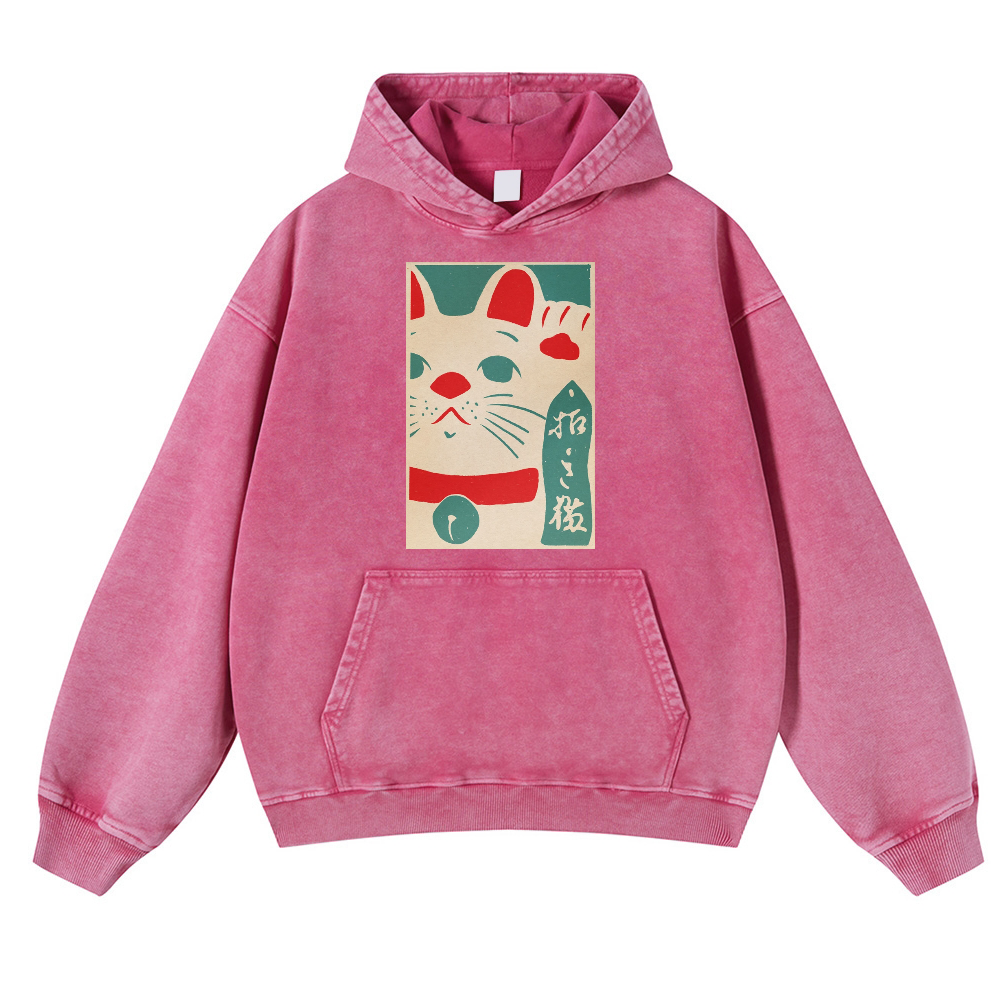 Lucky Cat Vintage Washed Thick Cotton Hoodie