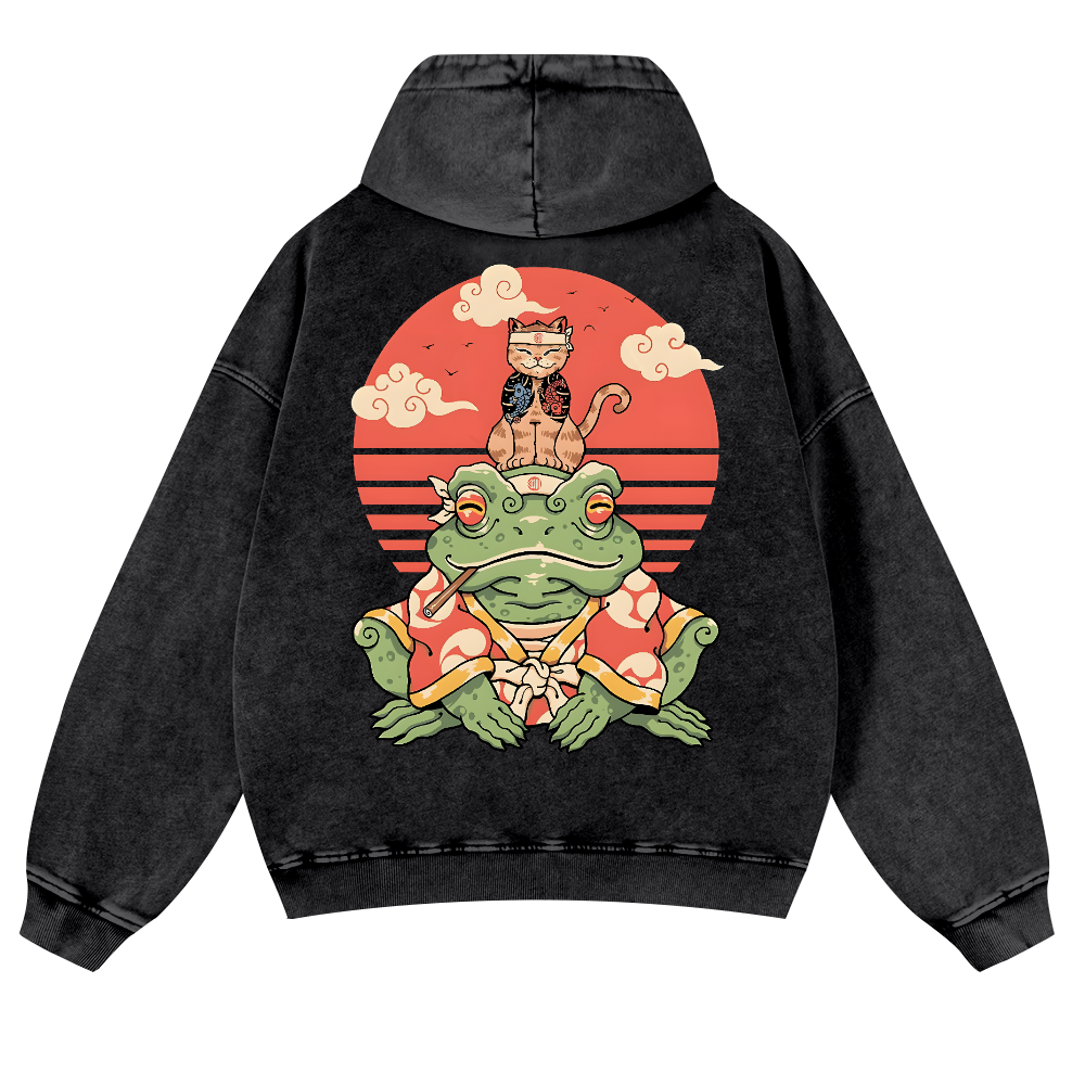 Cat And Frog Vintage Washed Cotton Back Art Hoodie